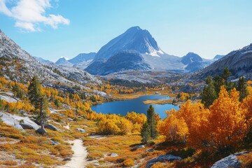 A scenic view of a mountain lake surrounded by autumn trees and a trail on a sunny day outdoors
