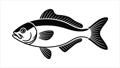 Black and White Fish Illustration with Detailed Fins and Scales.