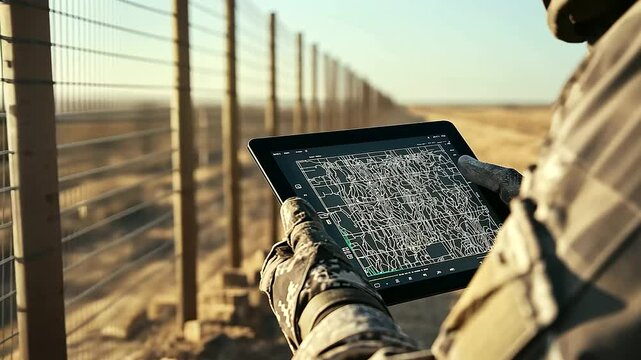 A close-up of a tablet in the soldier&rsquo;s gloved hands, showing a real-time heat map of the area, while the fence and desert stretch out in the blurry background.