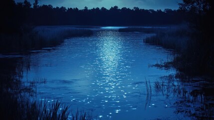 Serene night lake reflecting moonlight. Tranquil waters under a starlit sky, surrounded by dark silhouettes of trees and reeds