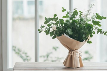 Fototapeta premium Elegant eucalyptus bouquet arranged indoors with soft lighting 