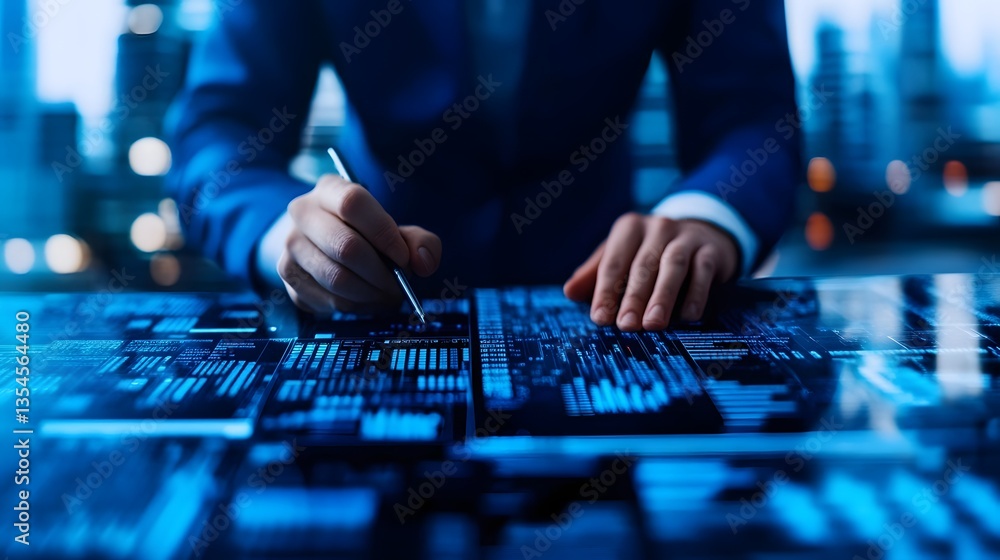 Poster business professional writing financial projections on ai-driven data analytics interface