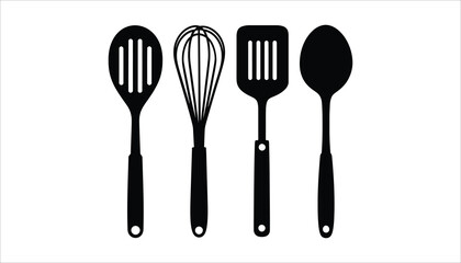 Black Silhouettes of Kitchen Cooking Utensils: Spatula, Whisk, Turner, Spoon.