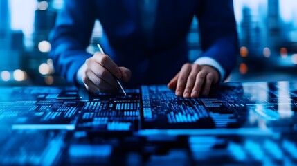 Naklejka premium Business Professional Writing Financial Projections on AI-Driven Data Analytics Interface