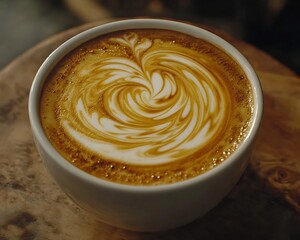 A close up of a latte with fancy design swirls