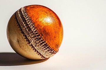 Single cricket ball shining on white background with clear focus on stitches