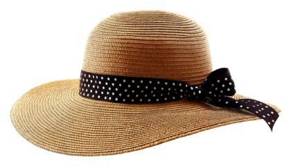 Womens straw hat with a wide brim, adorned with a black and white polka dot ribbon tied in a bow.