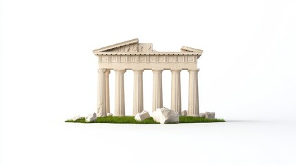 Fototapeta premium Ancient Temple Ruins on Green Grass Isolated on White Background