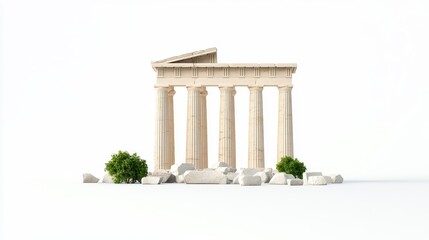 Fototapeta premium Ancient Greek Temple Model with Rocks and Greenery on White Background