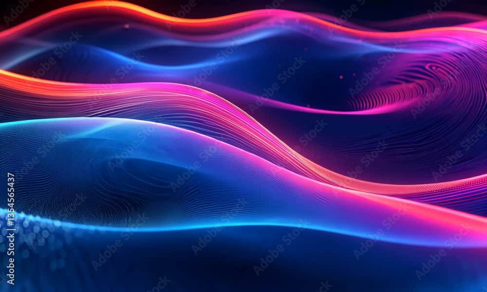 Poster abstract wavy particle surface with glowing neon colors for futuristic backgrounds