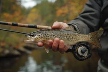 Trout caught on fly fishing rod