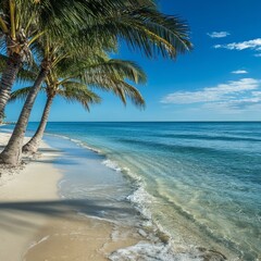 Tropical Paradise: Turquoise Waters and Palm Trees on a White Sand Beach under a Clear Blue Sky