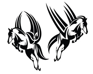 fairy tale pegasus winged horse - greek mythology inspiration symbol animal flying forward black and white vector design