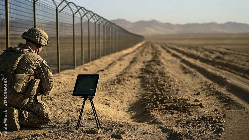 Poster a tablet rests on a small portable stand, with a soldier crouching nearby and using it to scan the d