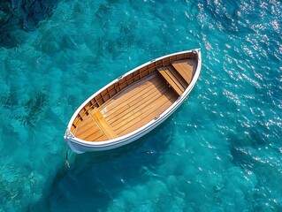 Obraz premium Serene Wooden Boat Floating on Calm Blue Ocean Water