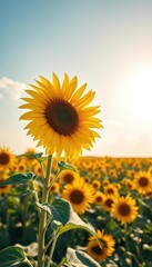 A vibrant yellow sunflower blooms in a vast field of sunflowers under a bright sky, scenic, harvest, botany