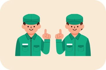 Two Workers Pointing Upwards, Uniformed, Idea and Direction in Sync
