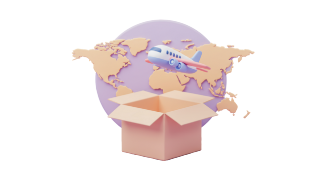 Isolated Airplane Flying over World Map with Open Box for Global Shipping