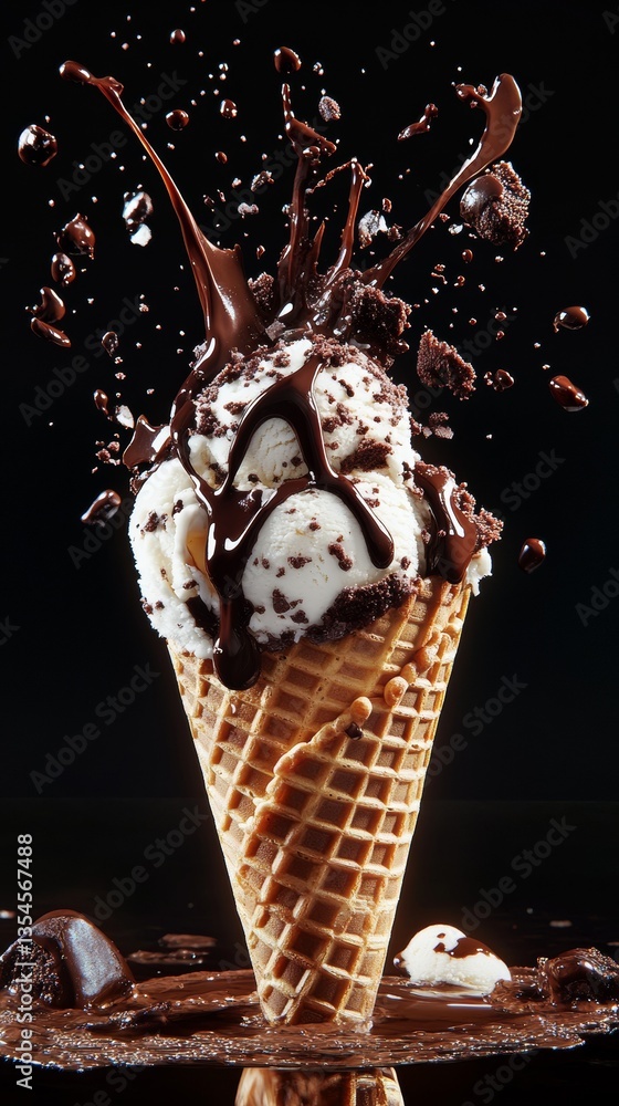 Poster vibrant close-up of a waffle cone filled with vanilla ice cream, drizzled with rich chocolate sauce,