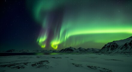 Naklejka premium Ultra sharp aerial view of an Arctic landscape illuminated by aurora borealis