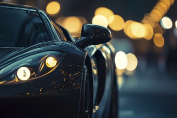 Naklejka premium Sleek turquoise sports car with yellow headlights at night, blurred lights in the background