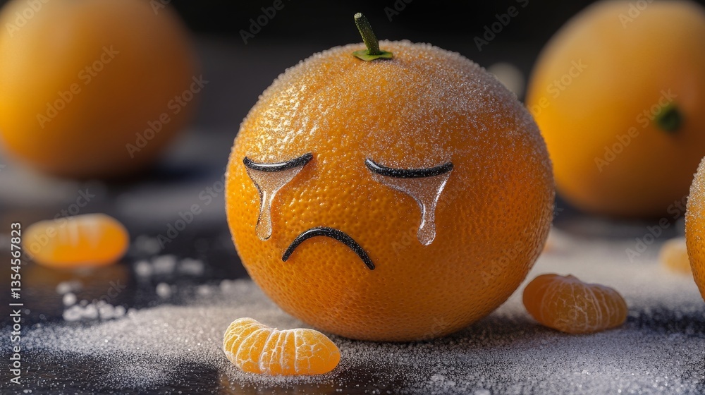 Poster a frosted orange featuring a crying expression, blending creativity and humor in a close-up, ideal f
