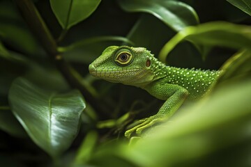 Emerald Lizard Camouflaged Amongst Lush Green Foliage in Detailed Close-Up, showcasing intricate skin details.