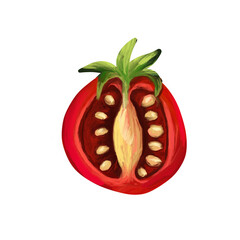 Tomato slice on isolated white background. Digital art, oil imitation. Autumn harvest, healthy food.