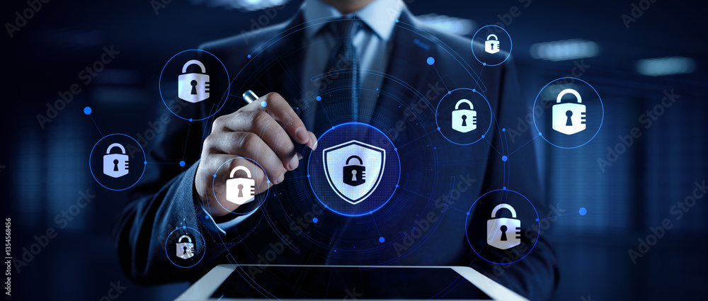 Poster cyber security access control data protection personal information privacy concept. businessman pres