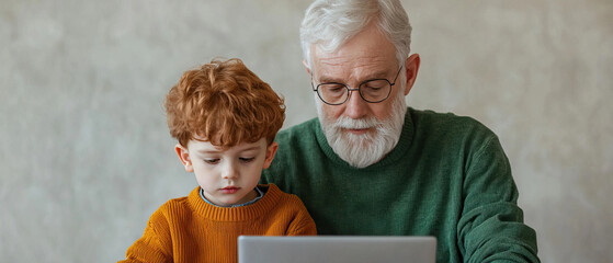 warm indoor scene featuring grandfather and nephew bonding over laptop, showcasing their connection and shared moments