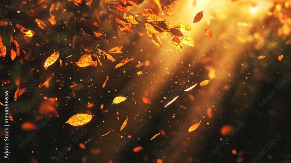 Poster falling autumn leaves illuminated by sunbeams create a breathtaking display of golden hues and warmt