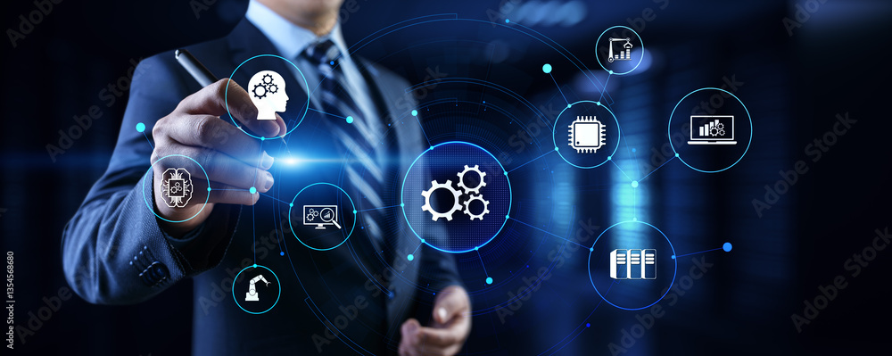 Poster gears icons business process automation innovation technology concept. businessman pressing button o
