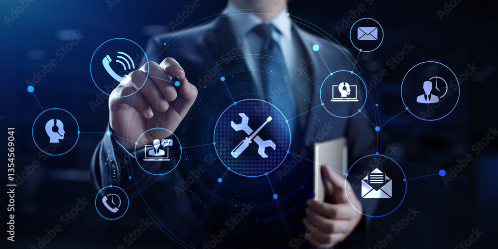 Poster technical support customer service concept. businessman pressing button on screen.