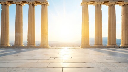 Fototapeta premium Sunlit Ancient Columns with Scenic View of City Landscape at Dusk