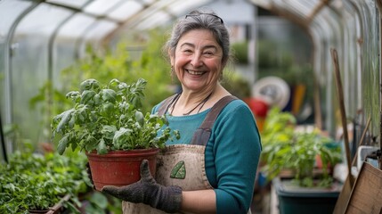 Obraz premium A young woman with long dark hair smiles while holding two small potted plants in a greenhouse.
