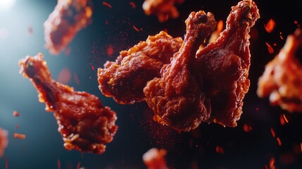 A dynamic arrangement of crispy fried chicken drumsticks appears to float against a deep red background.
