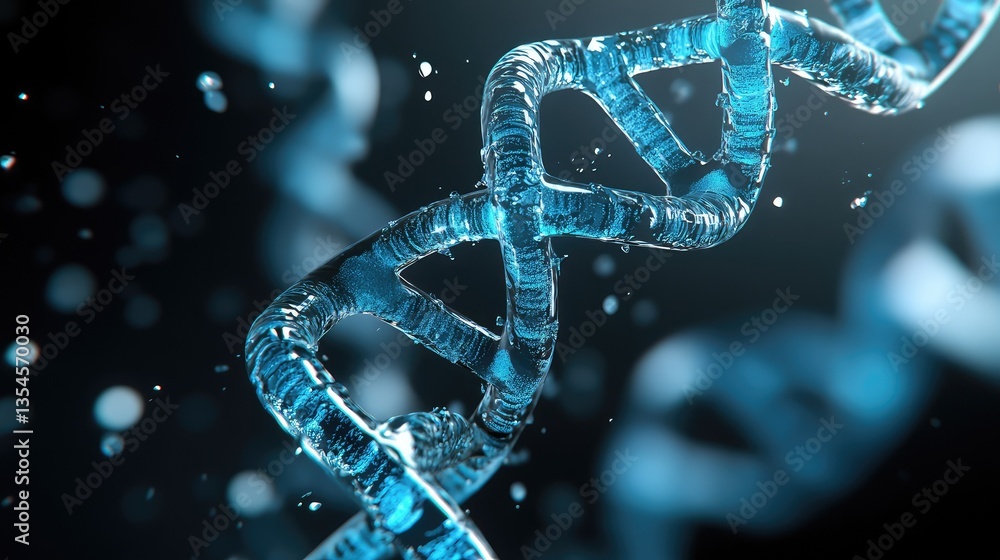 Poster stunning close-up view of a twisted dna helix with blue background and bubbles reflecting light in a