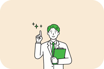 Doctor with Idea, Pointing Upward, Holding Clipboard, Shining Bright