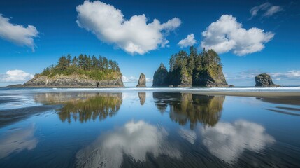 Obraz premium Serene Coastal Landscape with Island Reflections