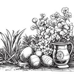 EPS artwork showing bunnies frolicking among decorated eggs and flowers