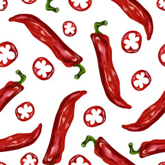 Seamless pattern chilli pepper on white background. Imitation oil art. Autumn harvest, healthy food.