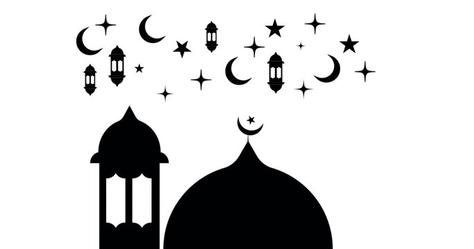 vector illustration of a mosque. Silhouette of Islamic mosque minar, lanterns, stars and moon. eid ul fitar, eid ul adha and ramadan kareem fastivel cards, web. arabic png and vector illustrator 