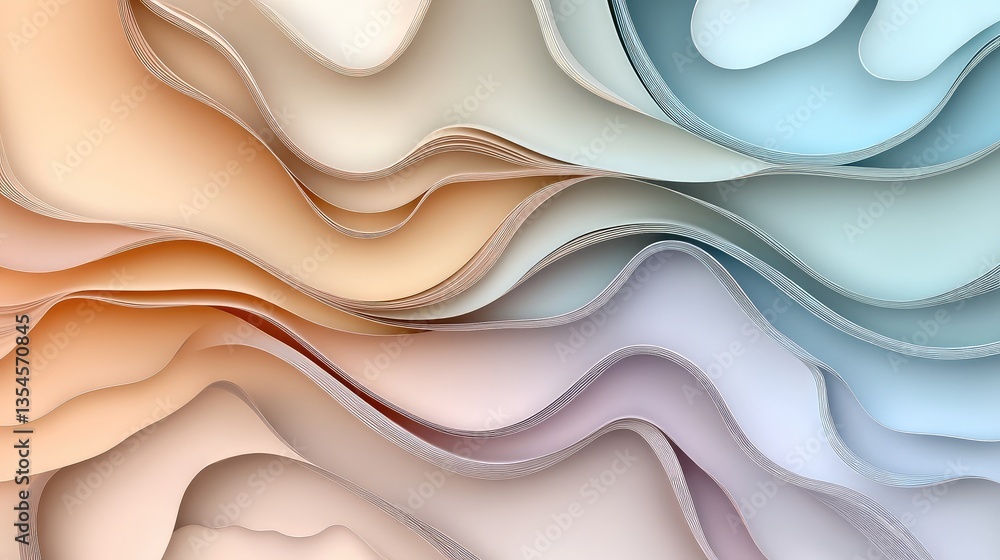 Poster abstract pastel wave patterns in soft peach, light blue, and gentle cream hues creating a serene and