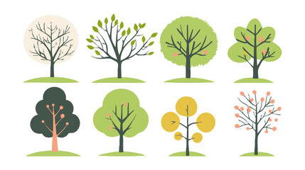 Set of tree and leaf collection hand drawn flat design vector element. botanical set of bare trees and ones with leaves and lush green