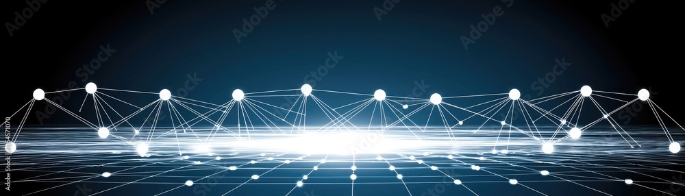 Poster interconnected web of data flowing across a grid, illuminating innovation