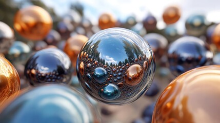Abstract Digital Artwork Featuring Colorful Reflective Spheres in an Engaging Composition with Natural Backdrop Highlights Modern Aesthetic and Artistic Expression