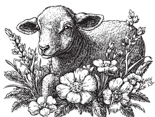 Vintage-inspired lamb illustration with floral elements suggesting Easter