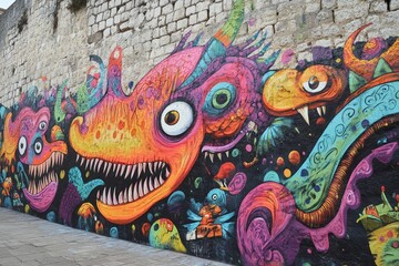 Fototapeta premium Colorful monster graffiti on stone wall surface.