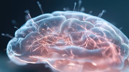 Intricate Digital Illustration of a Human Brain with Electric Neural Connections, Highlighting Brain Activity and Cognitive Processes in a Futuristic Style