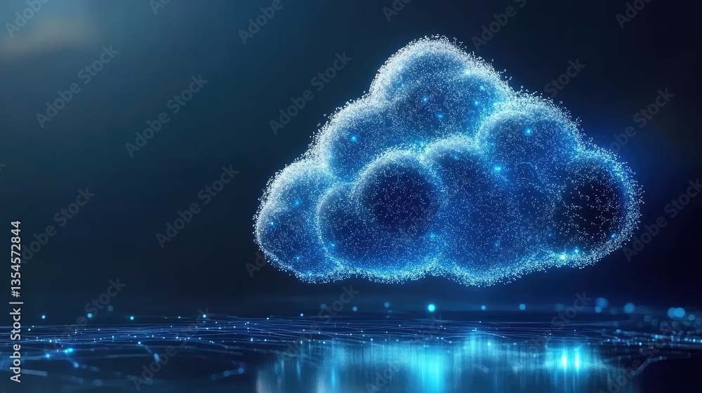 Poster digital cloud technology concept with glowing data particles surrounded by a network grid reflecting